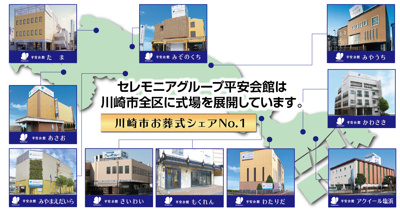 セレモニアグループ平安会館は川崎市全区に式場を展開しています。川崎市お葬式シェアNo.1