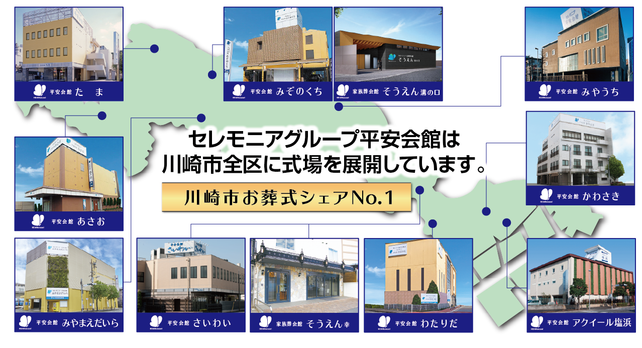 セレモニアグループ平安会館は川崎市全区に式場を展開しています。川崎市お葬式シェアNo.1