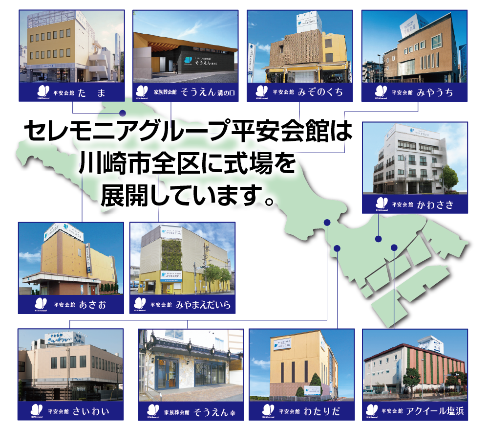 セレモニアグループ平安会館は川崎市全区に式場を展開しています。川崎市お葬式シェアNo.1