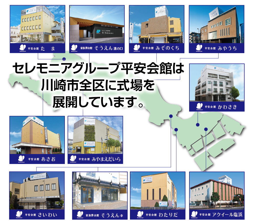 セレモニアグループ平安会館は川崎市全区に式場を展開しています。川崎市お葬式シェアNo.1